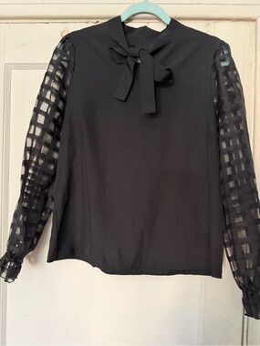 Black Sheer Check Sleeve Tie-Neck Blouse